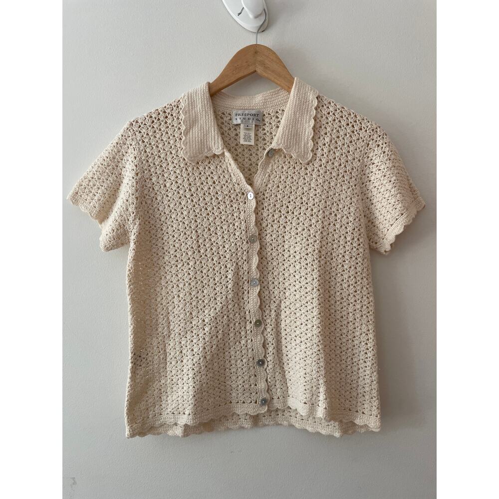 Vintage Freeport Studio Crochet Knit Polo Shirt Cream Cottagecore Cardigan S
